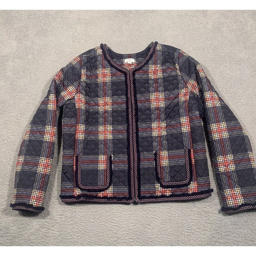 Crown & Ivy Blue Plaid Puffer‎ Jacket Quilted Zip Front Fringe Pockets Medium M